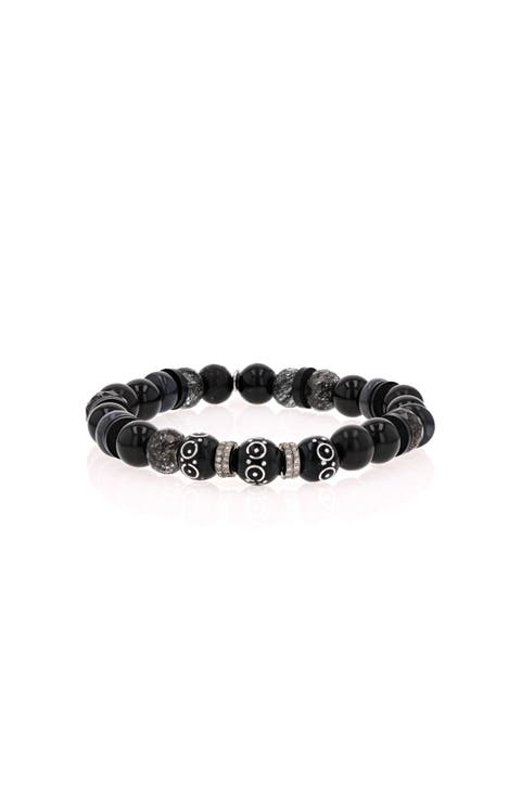 Black Mix 8MM Bead Bracelet With 4 Diamond Rondelles