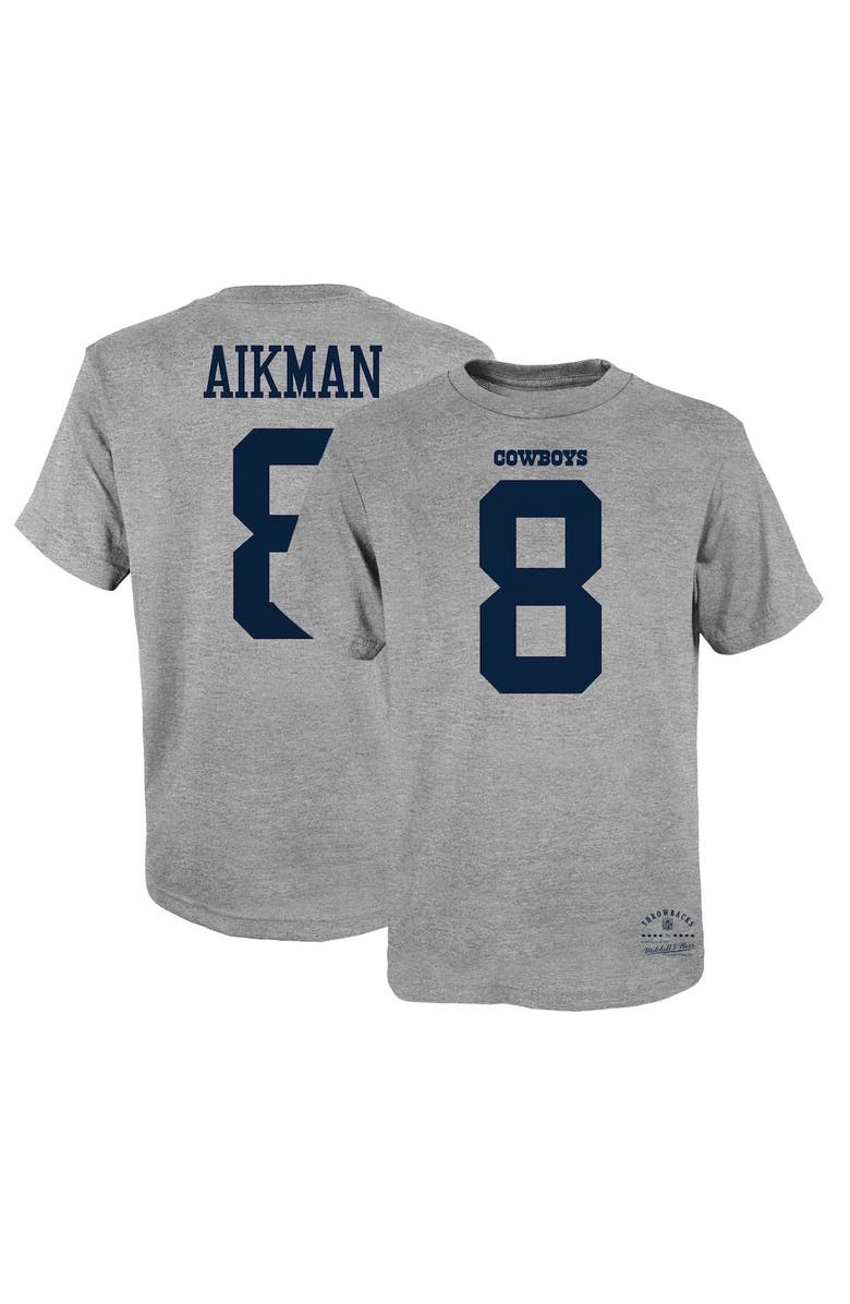 Mitchell & Ness Youth Mitchell & Ness Troy Aikman Heathered Gray Dallas Cowboys Retired Retro Player Name & Number T-Shirt, Main, color,