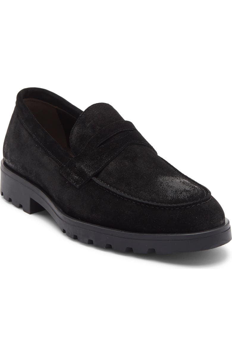 TO BOOT NEW YORK Orman Lug Sole Penny Loafer, Main, color, Waxed Suede Black