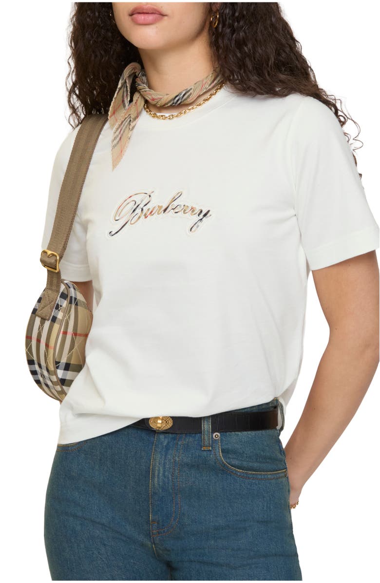 Burberry Check Cursive Logo Cotton T-shirt, Main, color, Chalk White