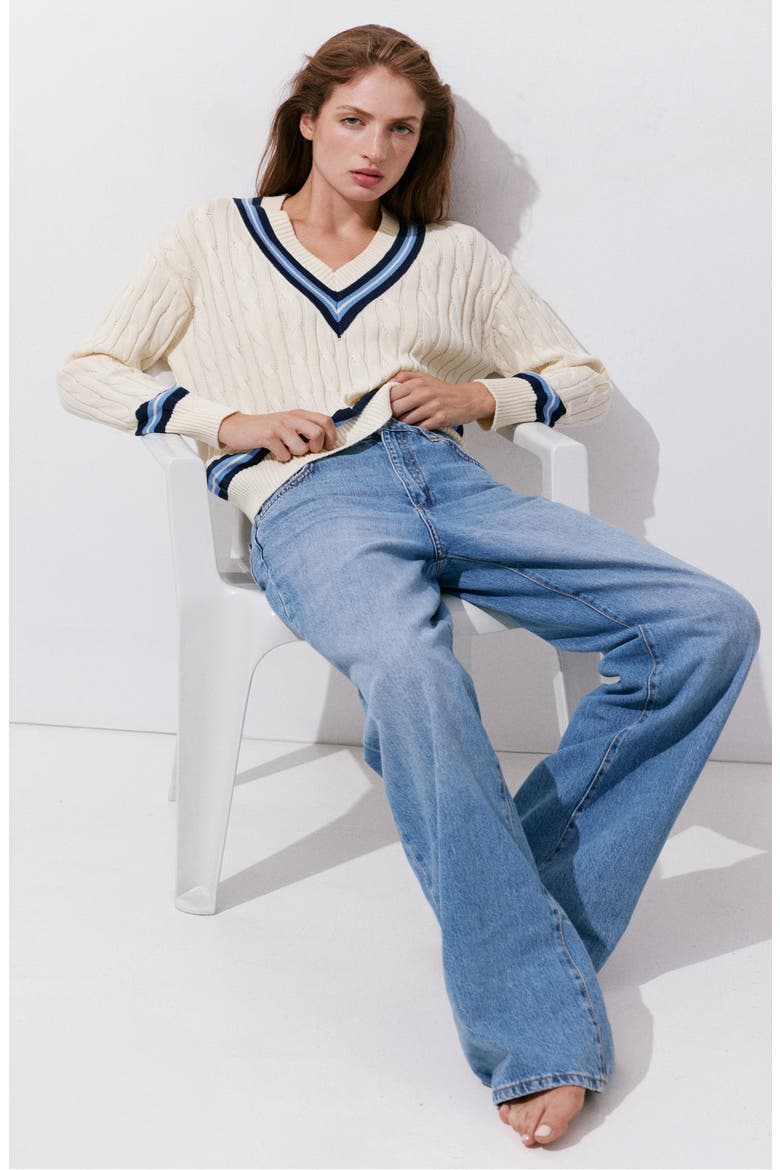 Cable Stitch V-Neck Sweater, Alternate, color, ECRU