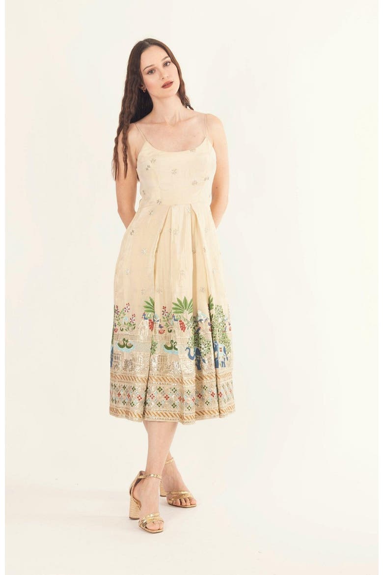 Blanche Box Pleated Midi Dress, Alternate, color, Beige