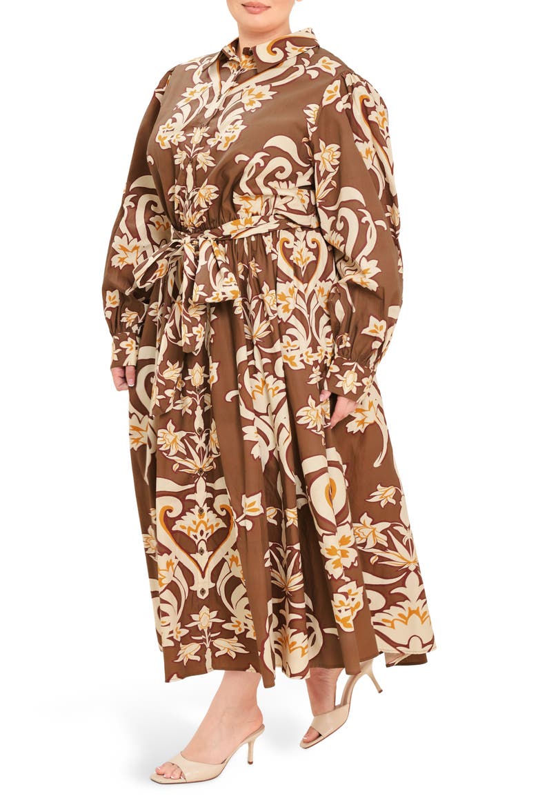 Printed Cotton Midi Shirtdress, Alternate, color, BROWN