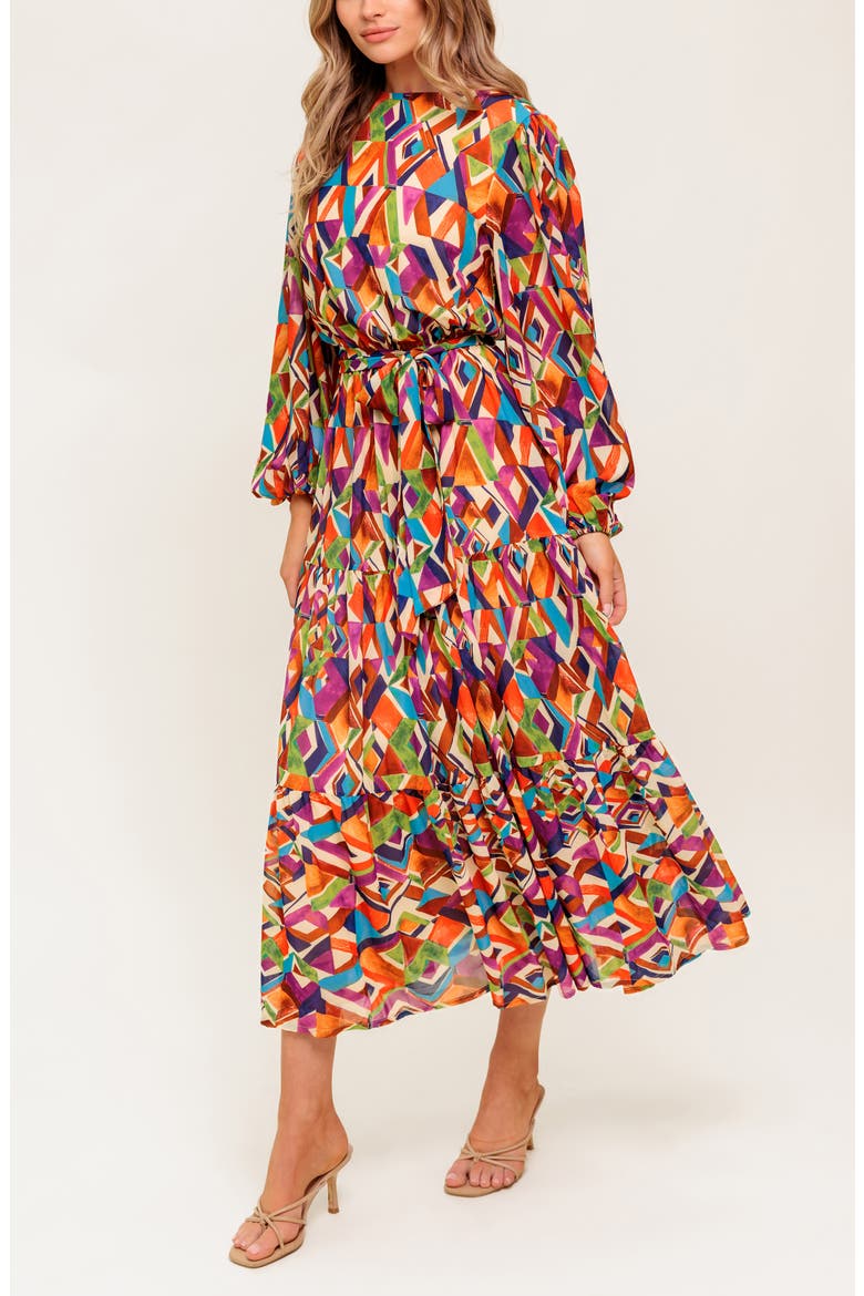 Print Long Sleeve Tiered Midi Dress, Alternate, color, PLUM MATCHA
