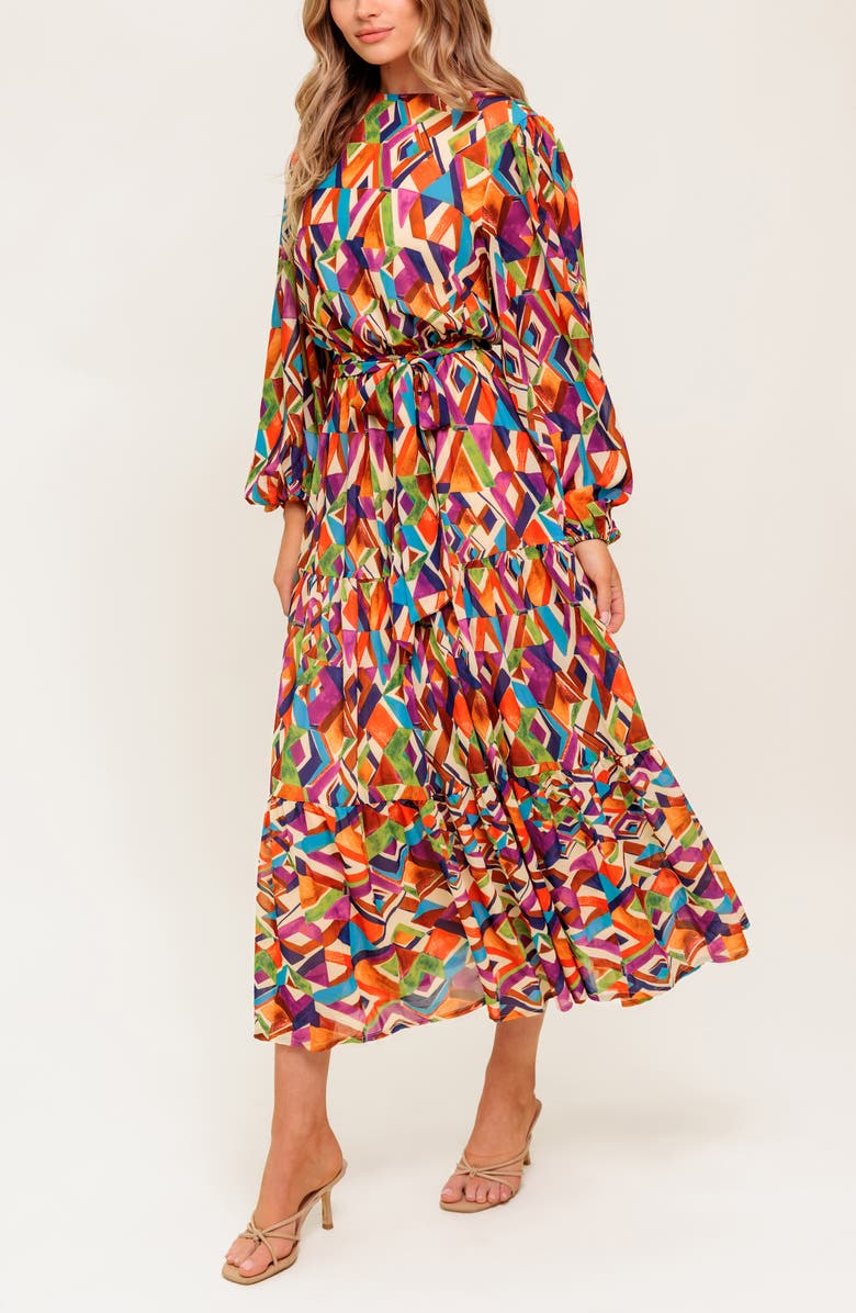 FLYING TOMATO Print Long Sleeve Tiered Midi Dress, Alternate, color, Plum Matcha