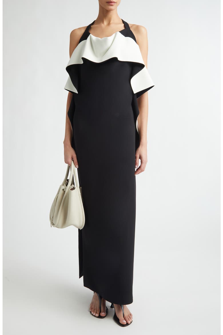 Sanna Ruffle Matte Double Crepe Gown, Main, color, BLACK/ IVORY