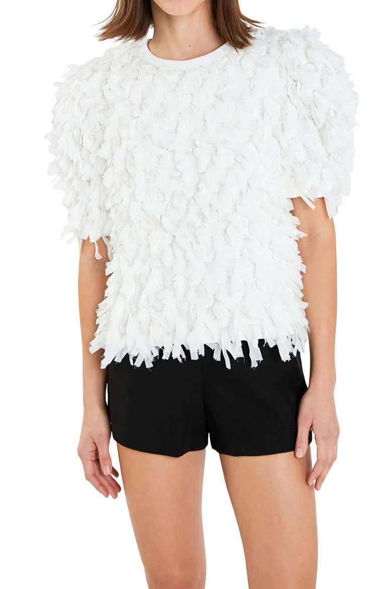 Puff Sleeve Textured Ribbon Top, Alternate, color, WHITE