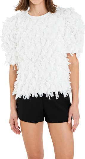 English Factory Puff Sleeve Textured Ribbon Top | Nordstrom