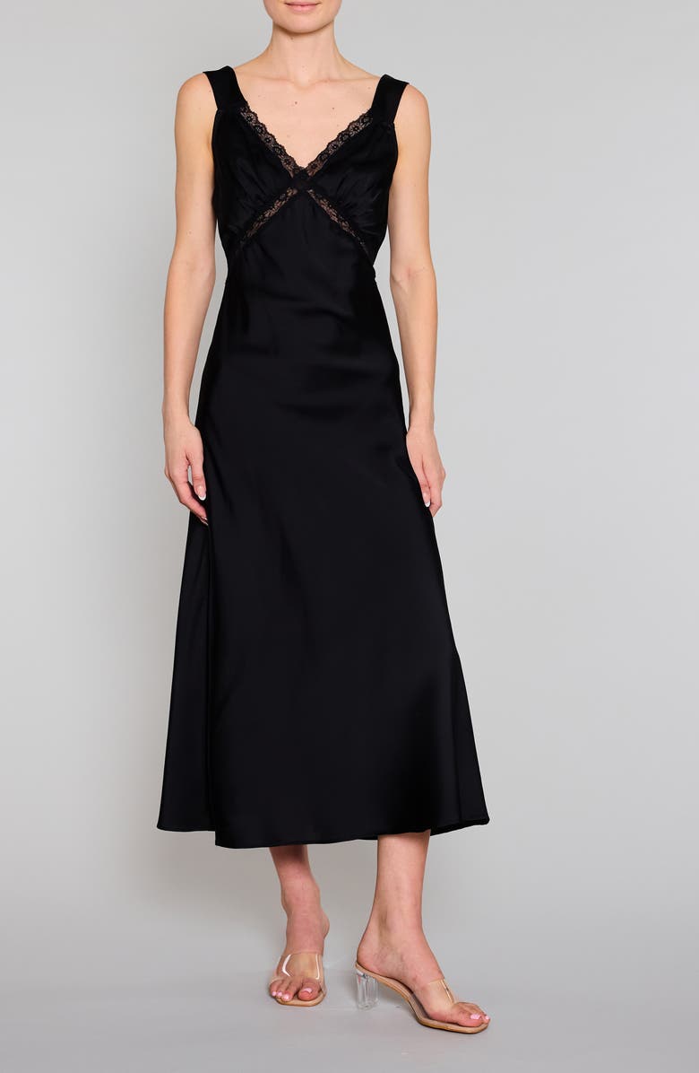 MELLODAY Inset Lace Empire Waist Bias Satin Maxi Dress, Main, color,