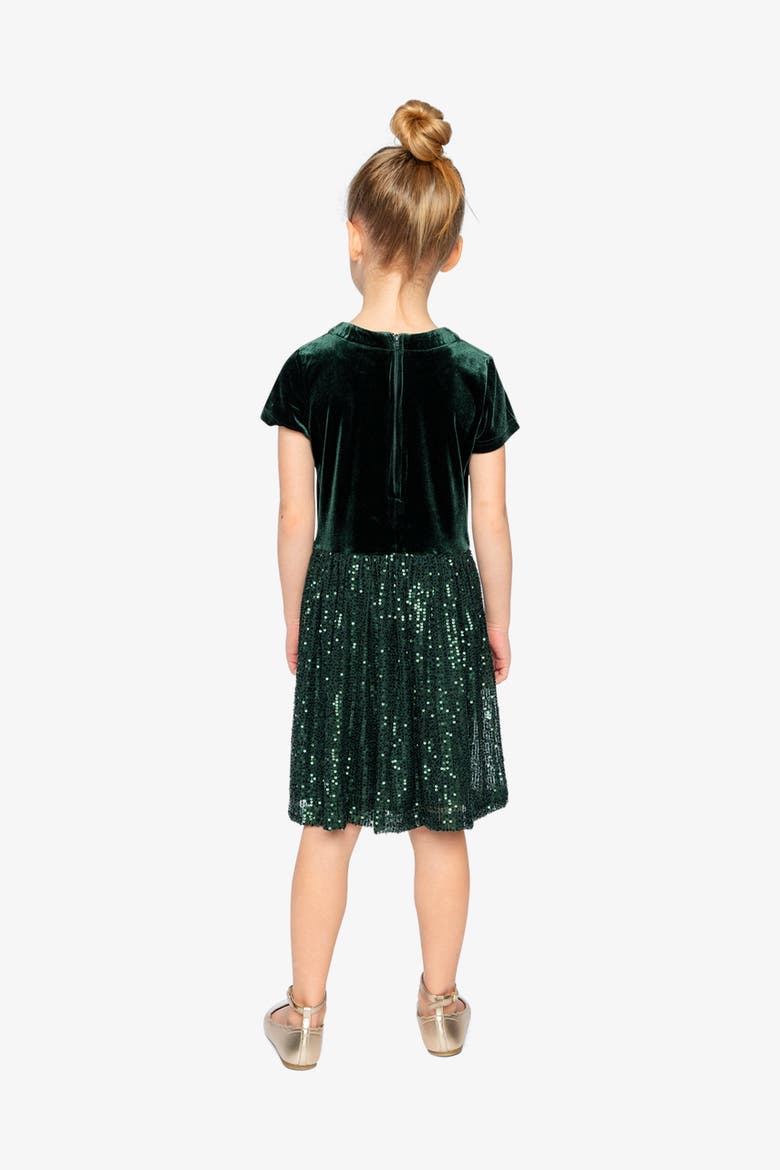 Bi-Material Bow Belt Glitter Mesh Short Sleeve Dress, Alternate, color, Green Forest