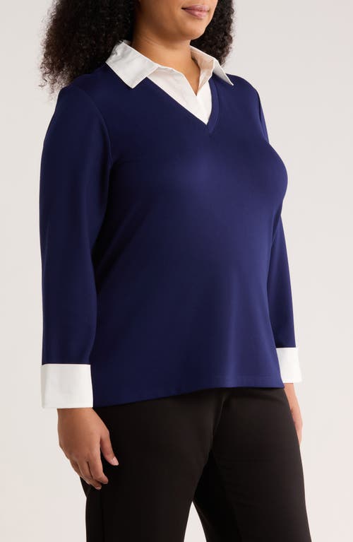 Jones New York Mixed Media Collar Sweater In Blue
