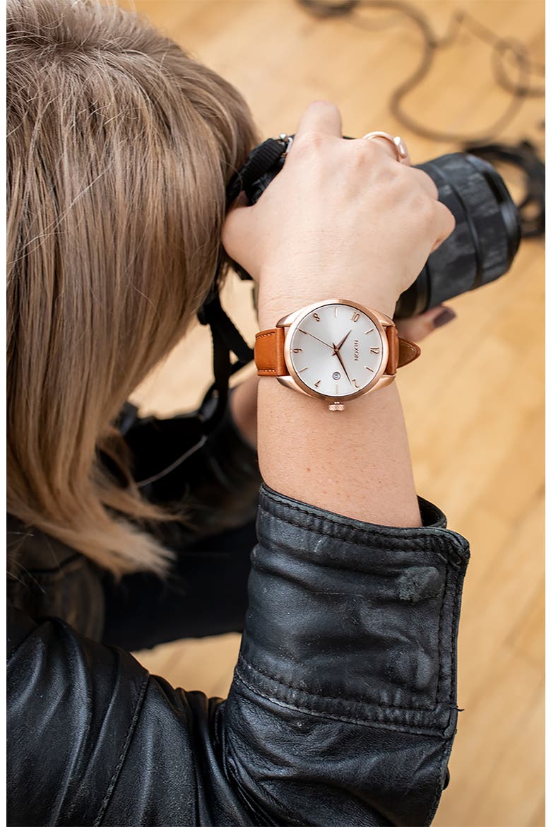Thalia Leather Strap Watch, 38mm, Alternate, color, ROSE GOLD / WHITE