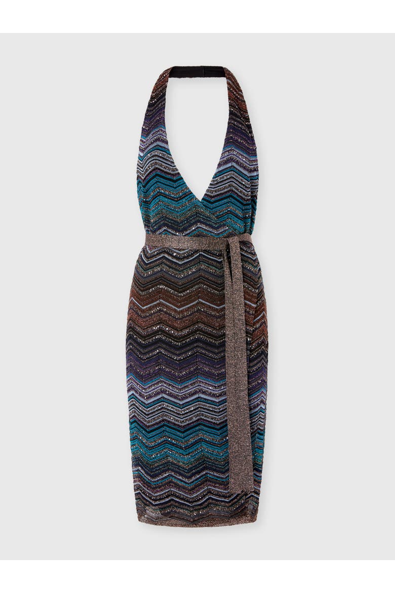 Longuette Dress With Halterneck And Belt, Main, color, Dark Blue