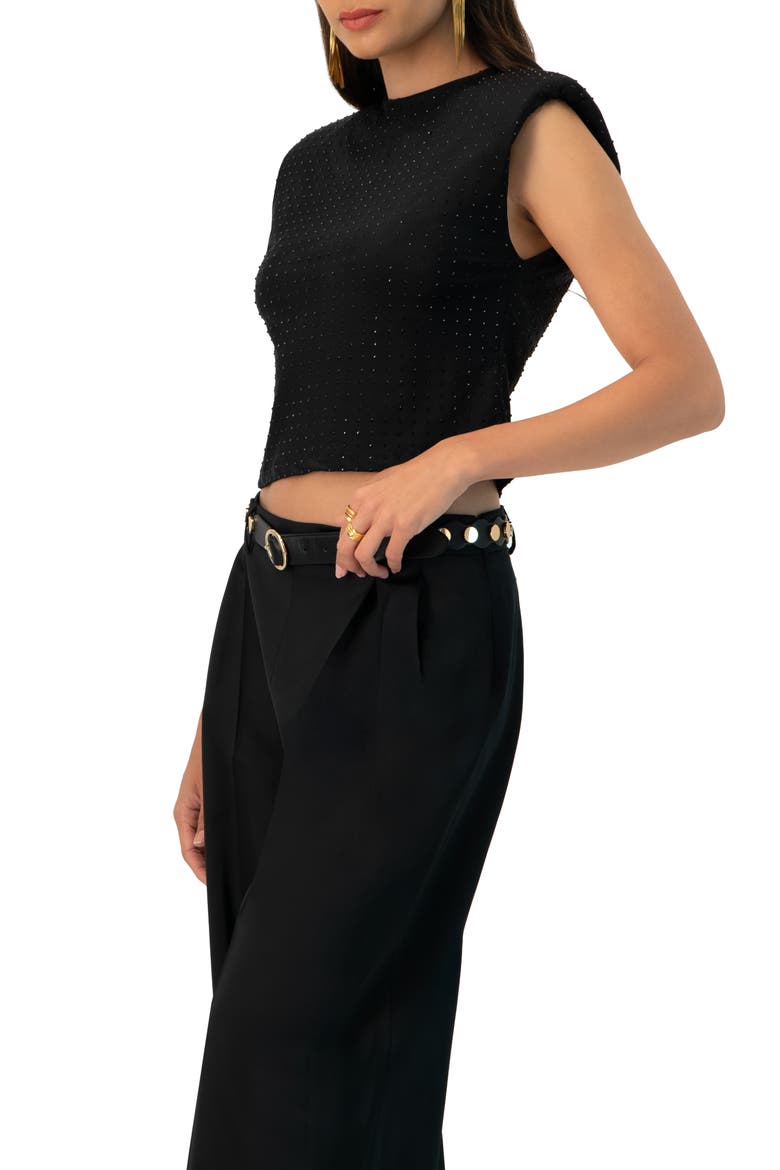 Padded-Shoulder Cropped Rhinestone Top, Alternate, color, Black