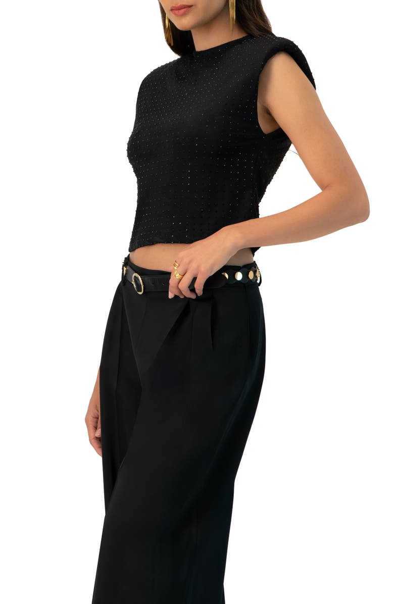 IVONNE Padded-Shoulder Cropped Rhinestone Top, Alternate, color, Black