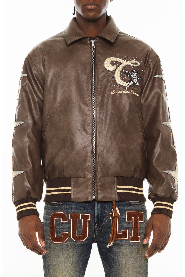 Legends Embroidered Faux Leather Varsity Jacket, Main, color, BROWN