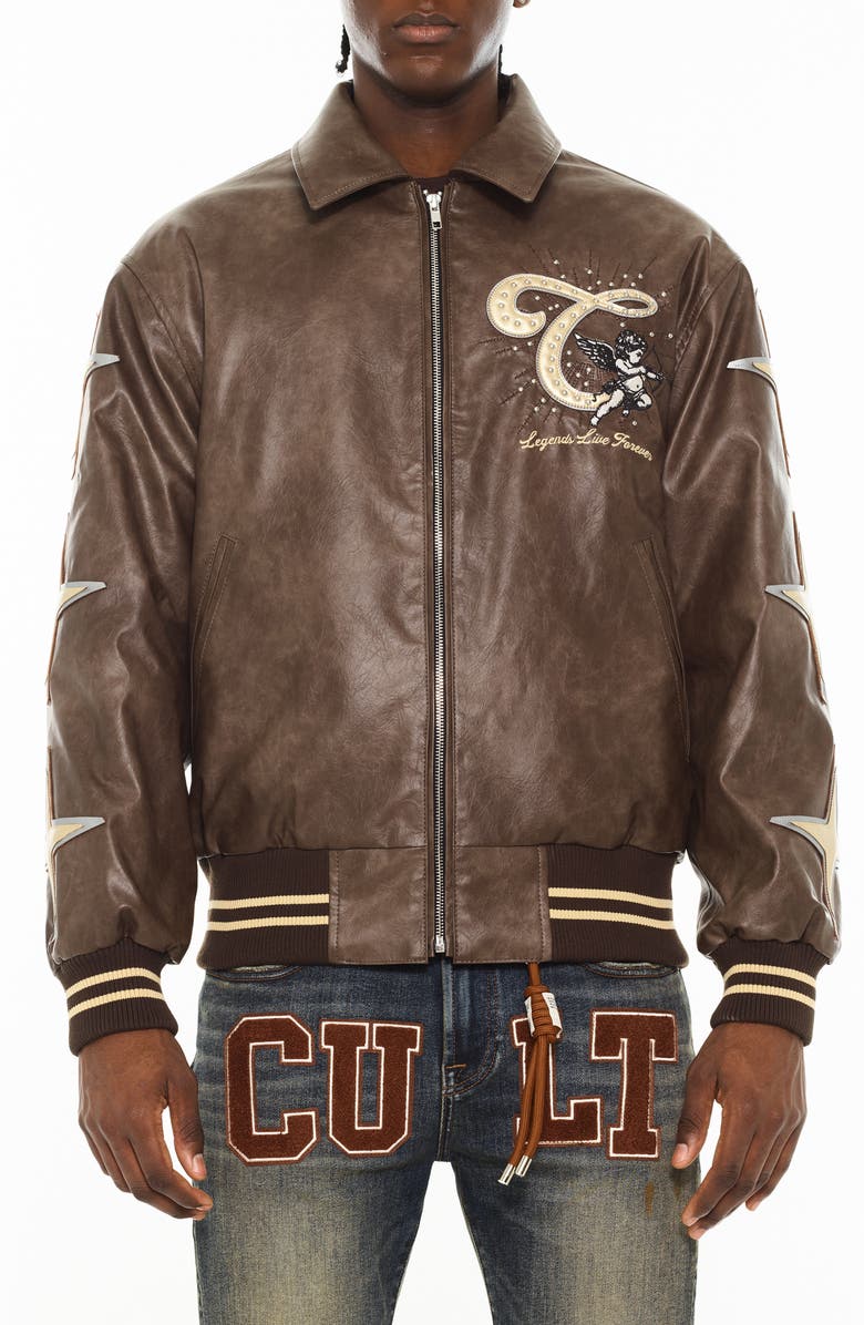 Cult of Individuality Legends Embroidered Faux Leather Varsity Jacket, Main, color, Brown