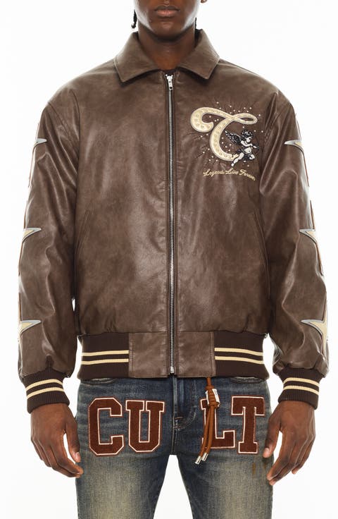 Legends Embroidered Faux Leather Varsity Jacket
