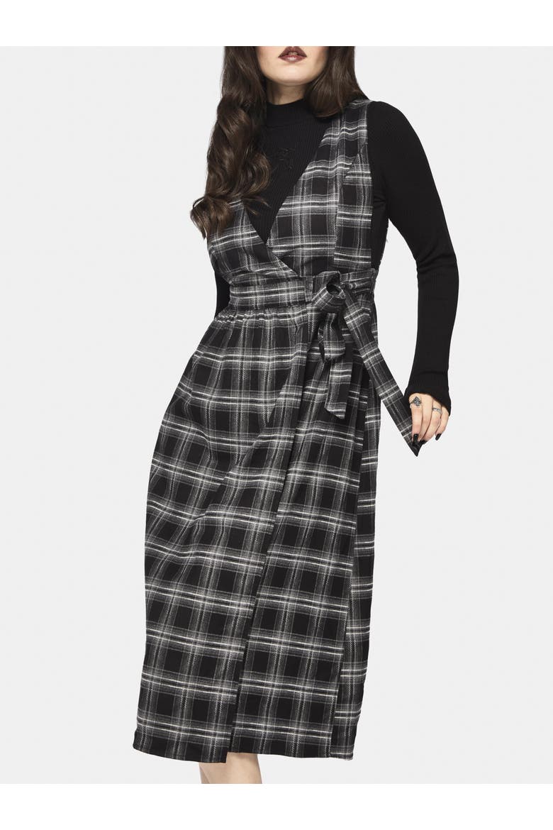 Lochan Check Wrap Pinafore Midi Dress, Alternate, color, Black