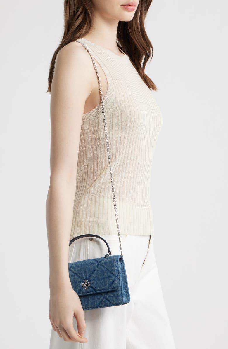 Tory Burch Mini Kira Diamond Quilted Denim Tote, Alternate, color, Blue