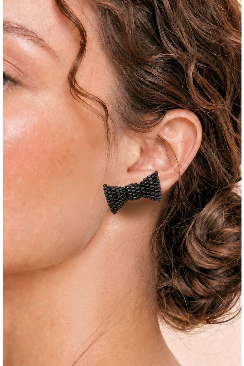 Beaded Bow Stud Earrings, Alternate, color, BLACK