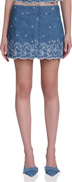 Avec Les Filles Embroidered Scallop Denim Miniskirt