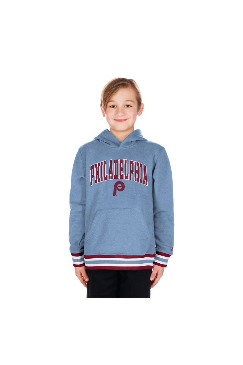 Youth New Era Light Blue Philadelphia Phillies Knit Trim Pullover Hoodie, Main, color, Light Blue