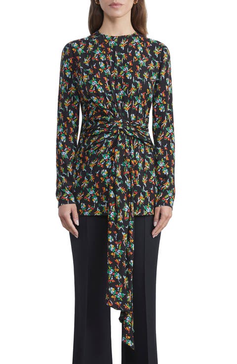 Print Tie Waist Tunic Blouse