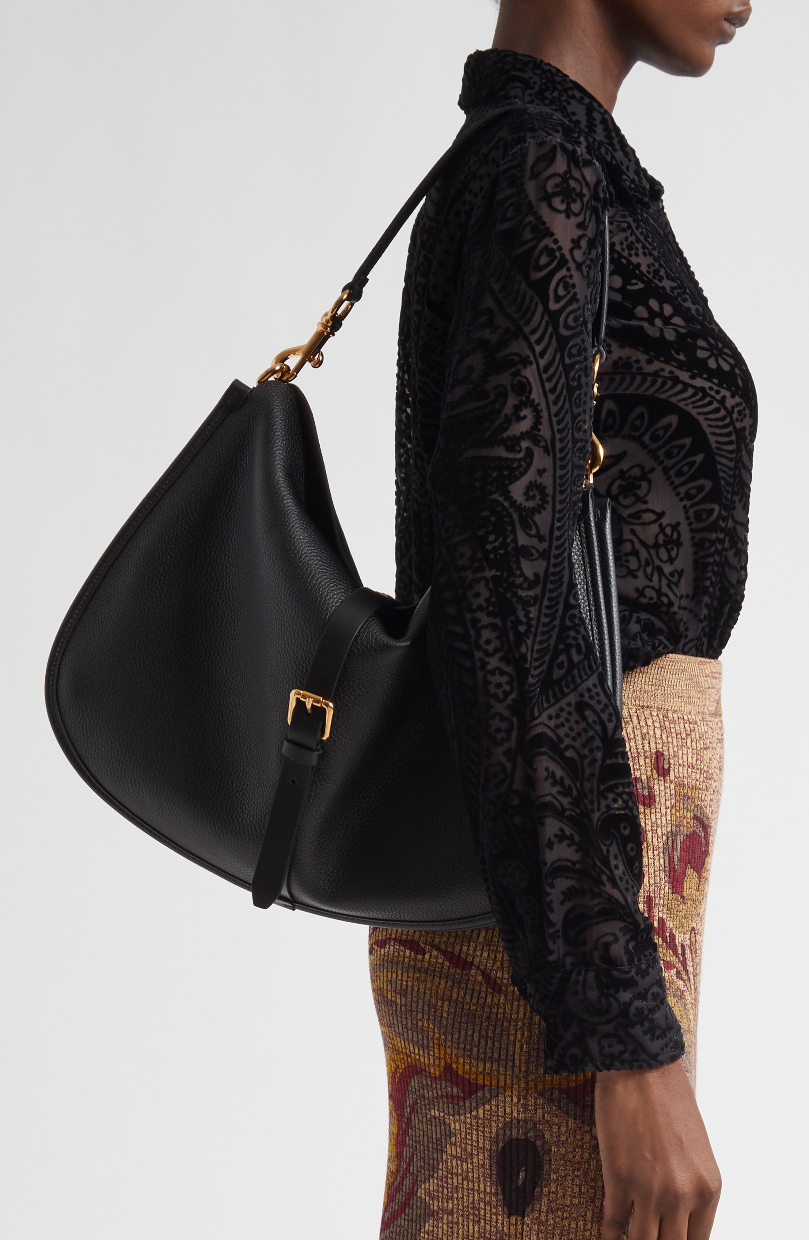 Etro Maxi Pony Tumbled Leather Shoulder Bag, Alternate, color, Black N0000