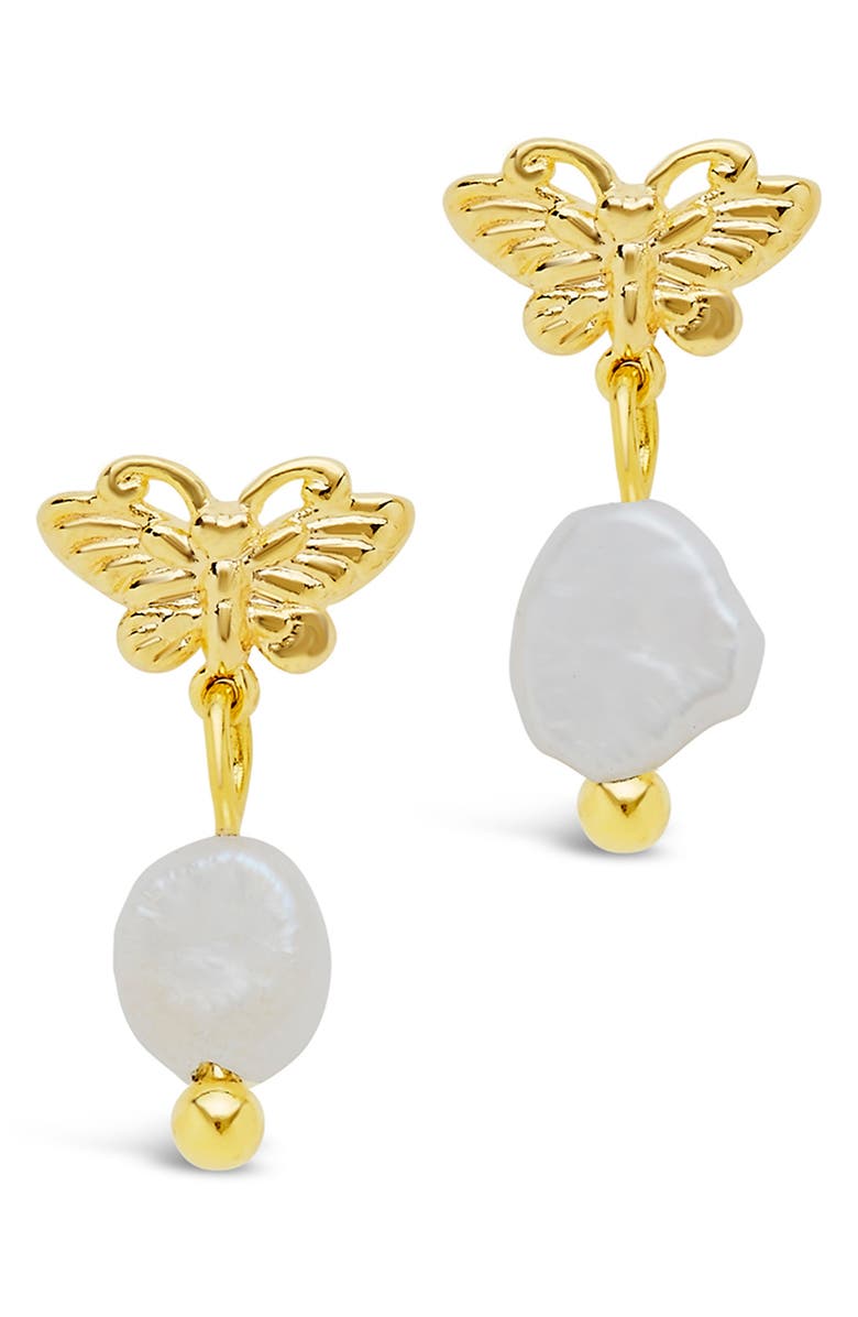Sterling Forever 14K Gold Plated Butterfly 6mm Baroque Pearl Drop Earrings, Main, color, 