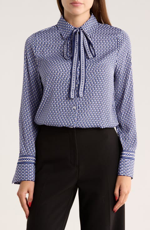 Satin Tie Neck Button-Up Shirt