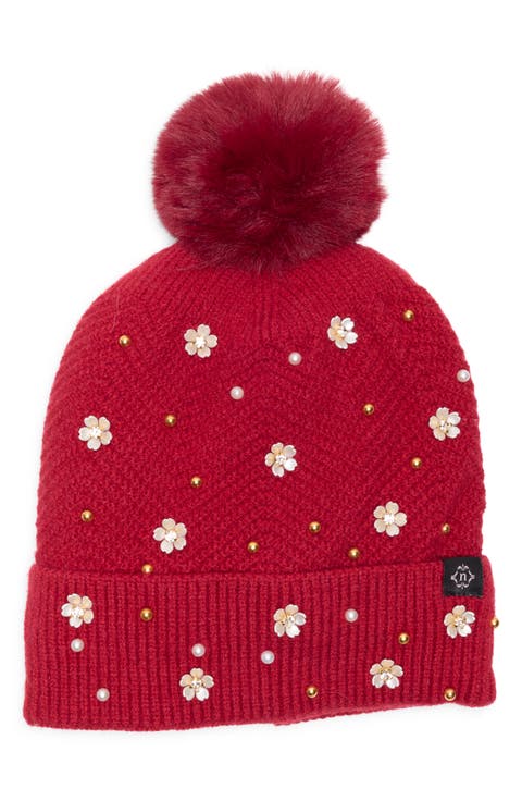 Scattered Embellished Faux Fur Pompom Beanie