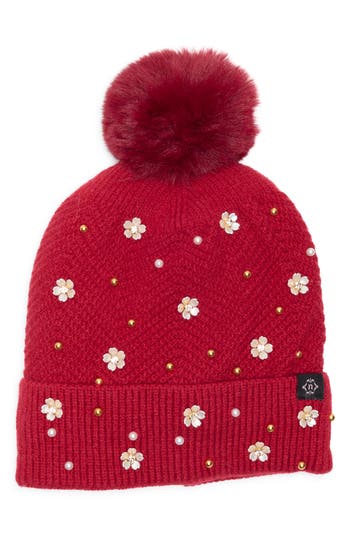 Nanette Lepore Scattered Embellished Faux Fur Pompom Beanie In Red