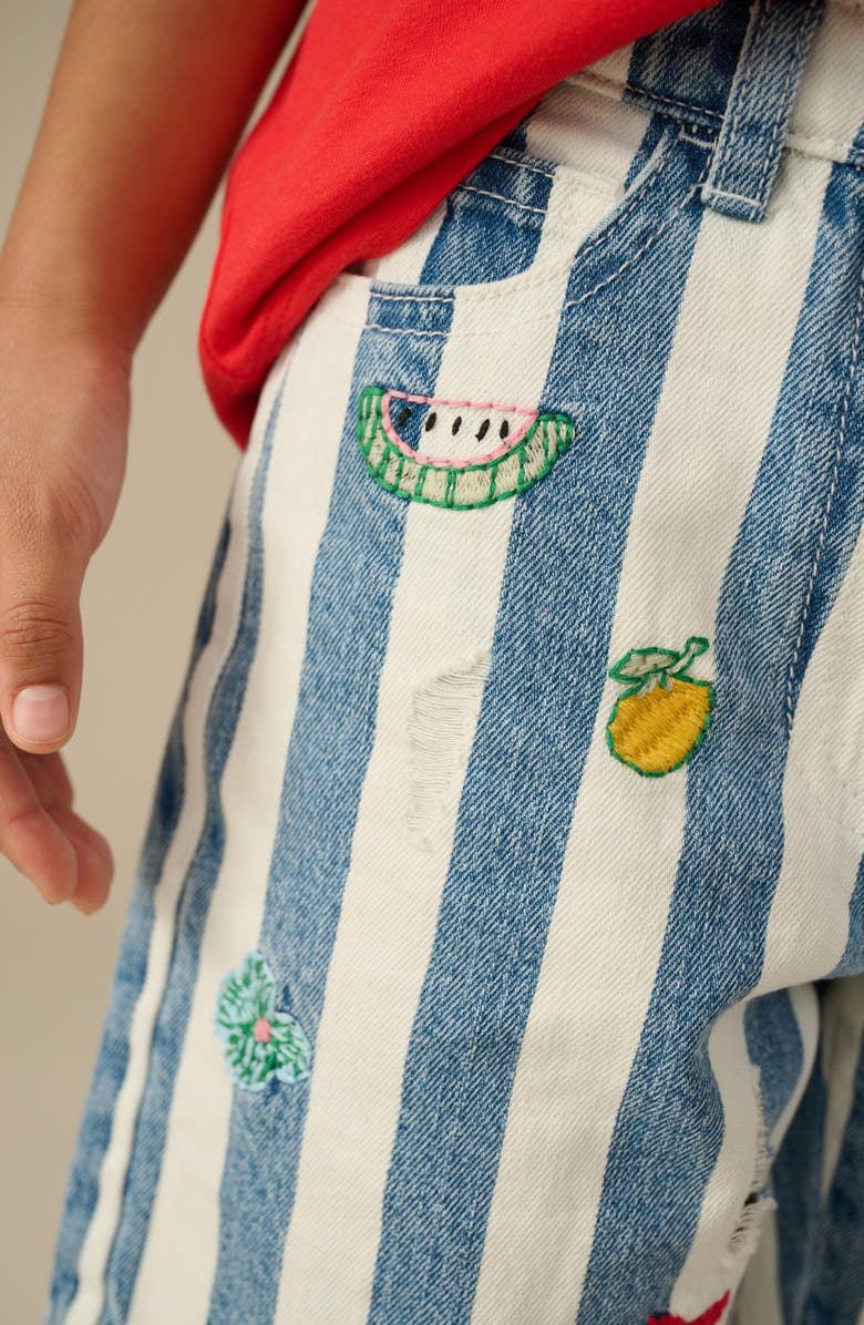 NEXT Kids' Stripe Distressed Embroidered Denim Shorts, Alternate, color, Blue