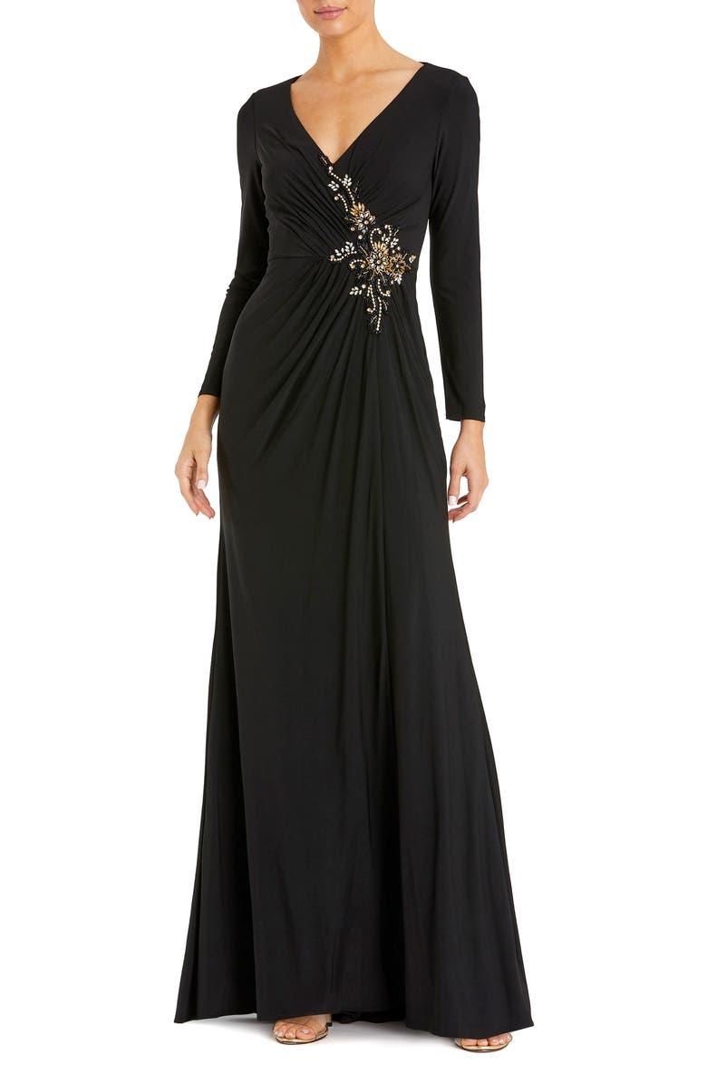 Mac Duggal Faux Wrap Long Sleeve Appliqué Detail Gown, Main, color, Black