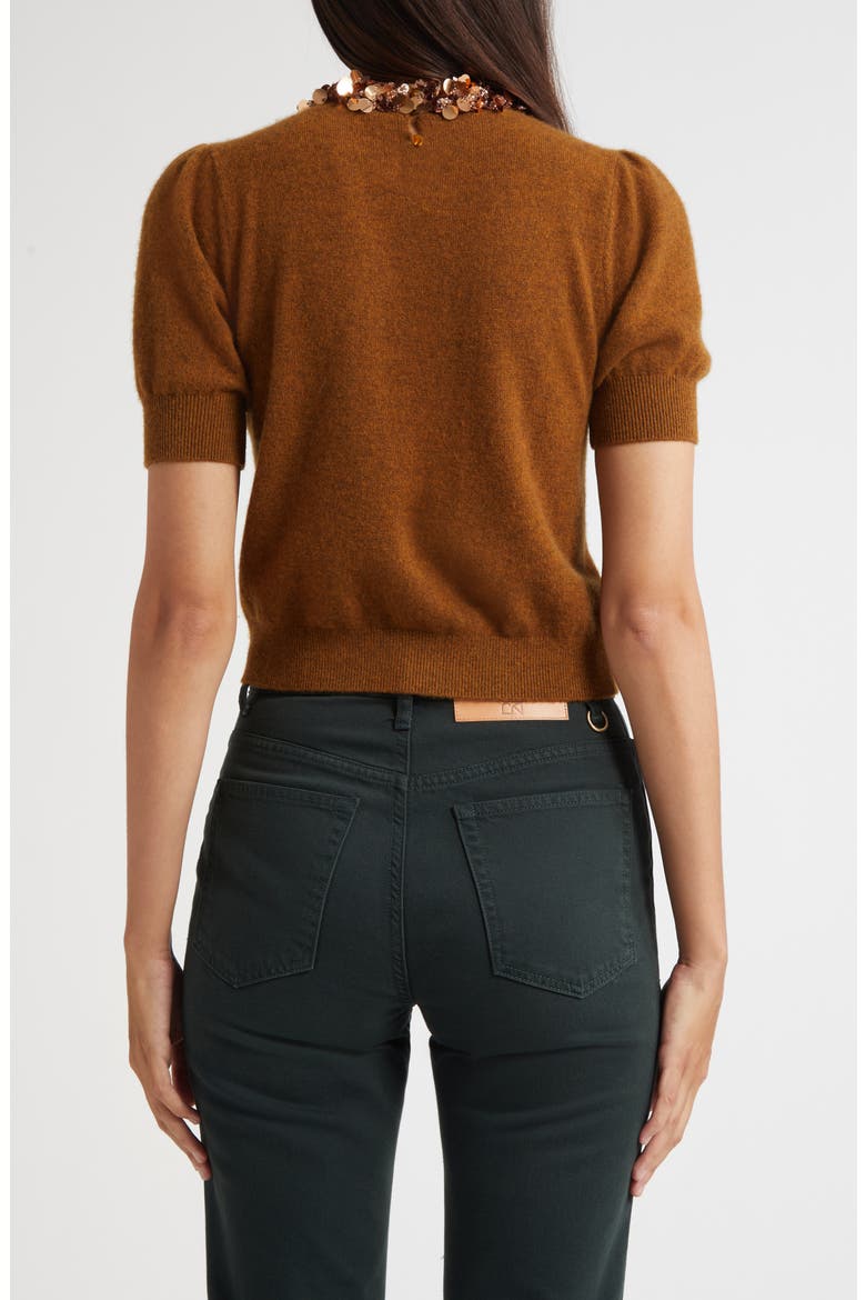 Crystal Collar Short Sleeve Cashmere Sweater, Alternate, color, UMBER