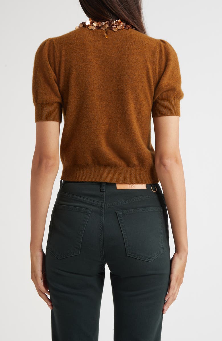 Ulla Johnson Crystal Collar Short Sleeve Cashmere Sweater, Alternate, color, Umber