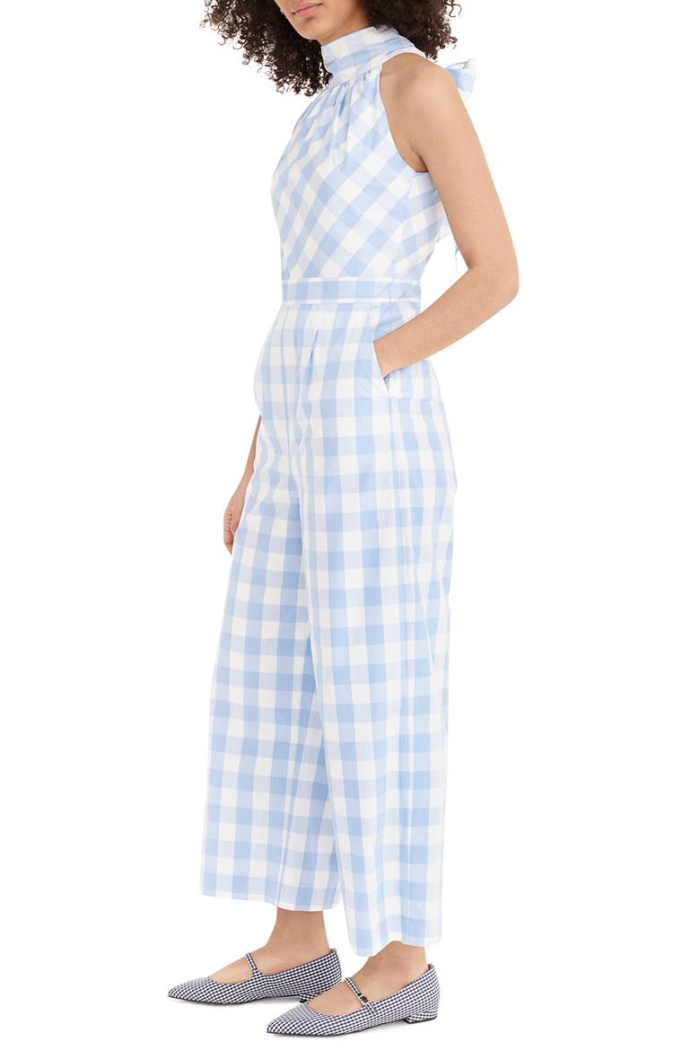 Gingham High Neck Cotton Poplin Jumpsuit, Alternate, color, GIANT GINGHAM SKY IVORY