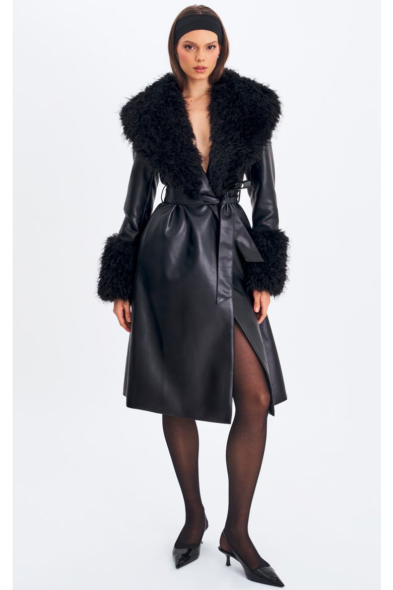 Zariah Faux Fur Trimmed Longline Coat, Main, color, Black