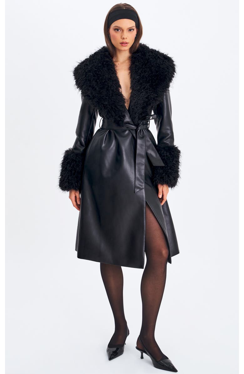 Miss Circle Zariah Faux Fur Trimmed Longline Coat, Main, color, Black