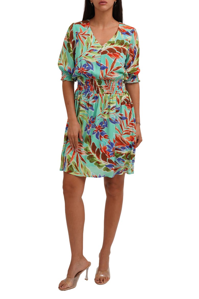 Elbow Length Sleeve Fit and Flare Dress, Main, color, TROPICAL DAY DREAM