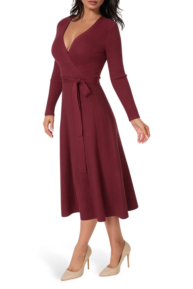 Surplice V-Neck Fit & Flare Sweater Dress, Alternate, color, WINE