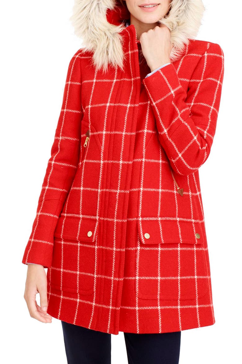 J.Crew Windowpane Check Chateau Parka, Main, color, BRIGHT RED NATURAL