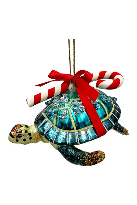 Candy Cane Bow Sea Turtle Glass Ornament
