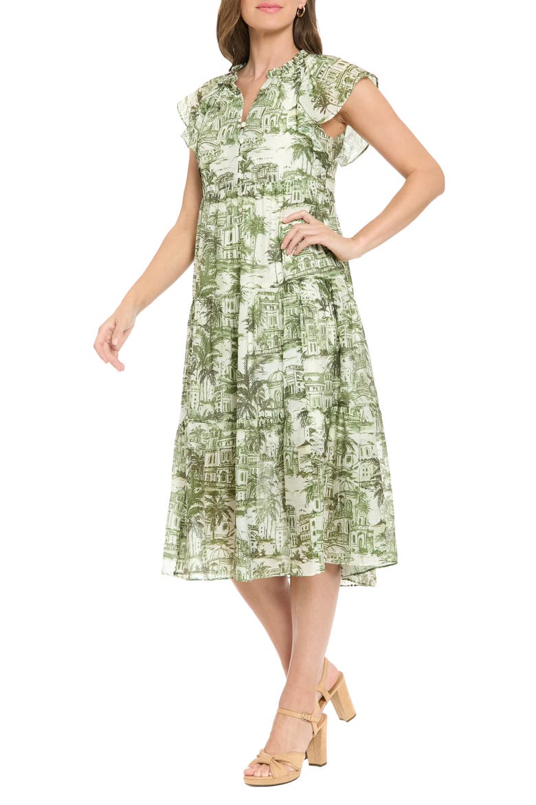Flutter Sleeve Babydoll Dress, Alternate, color, PESTO/ CREAM