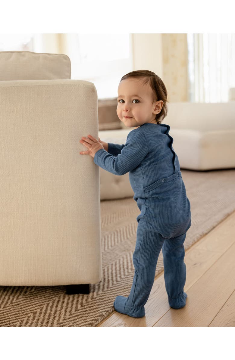 MiniMoi Solid Color Ribbed Cotton Blend Button-Down Footie, Alternate, color, Deep Water