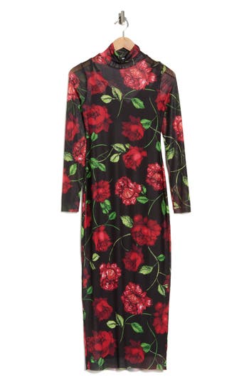 Afrm Los Angeles Marni Turtleneck Long Sleeve Mesh Dress In Black