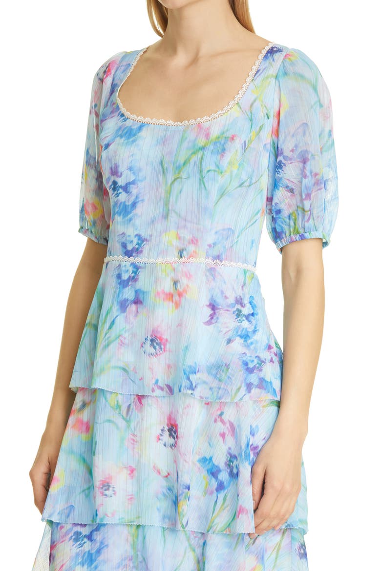 Floral Puff Sleeve Tiered Midi Dress, Alternate, color, PERIWINKLE