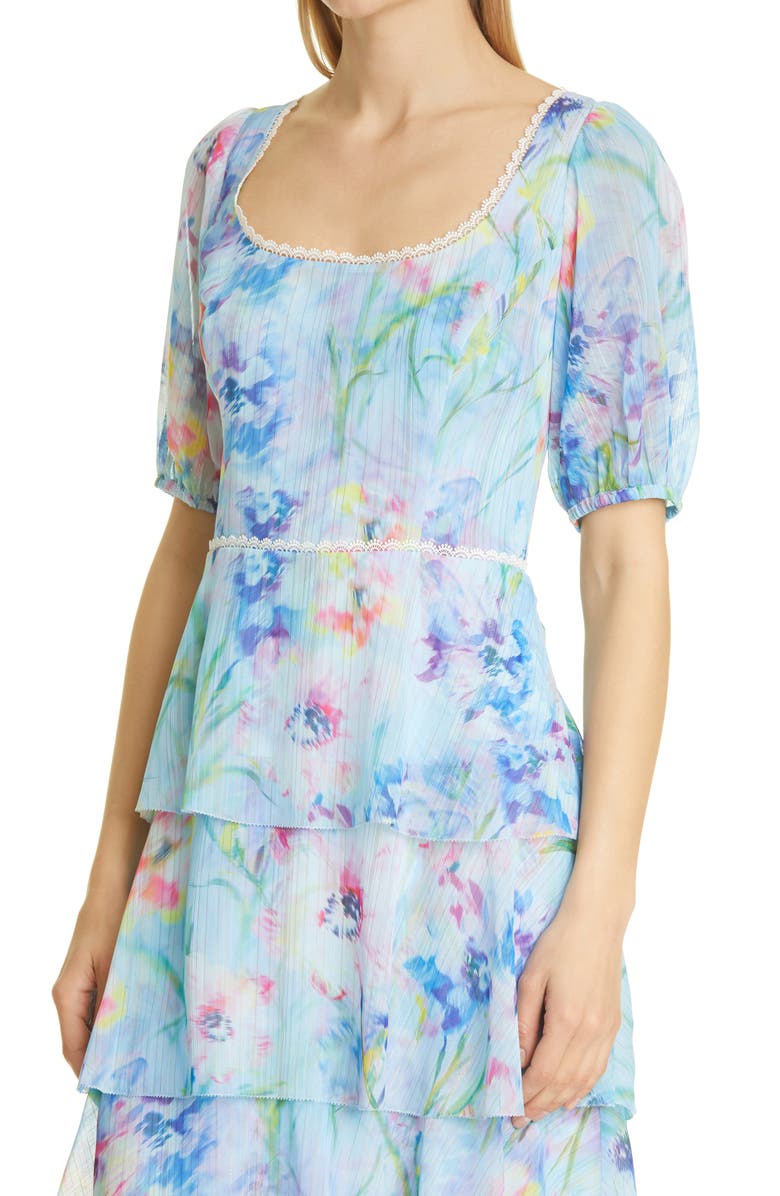 Marchesa Notte Floral Puff Sleeve Tiered Midi Dress, Alternate, color, 