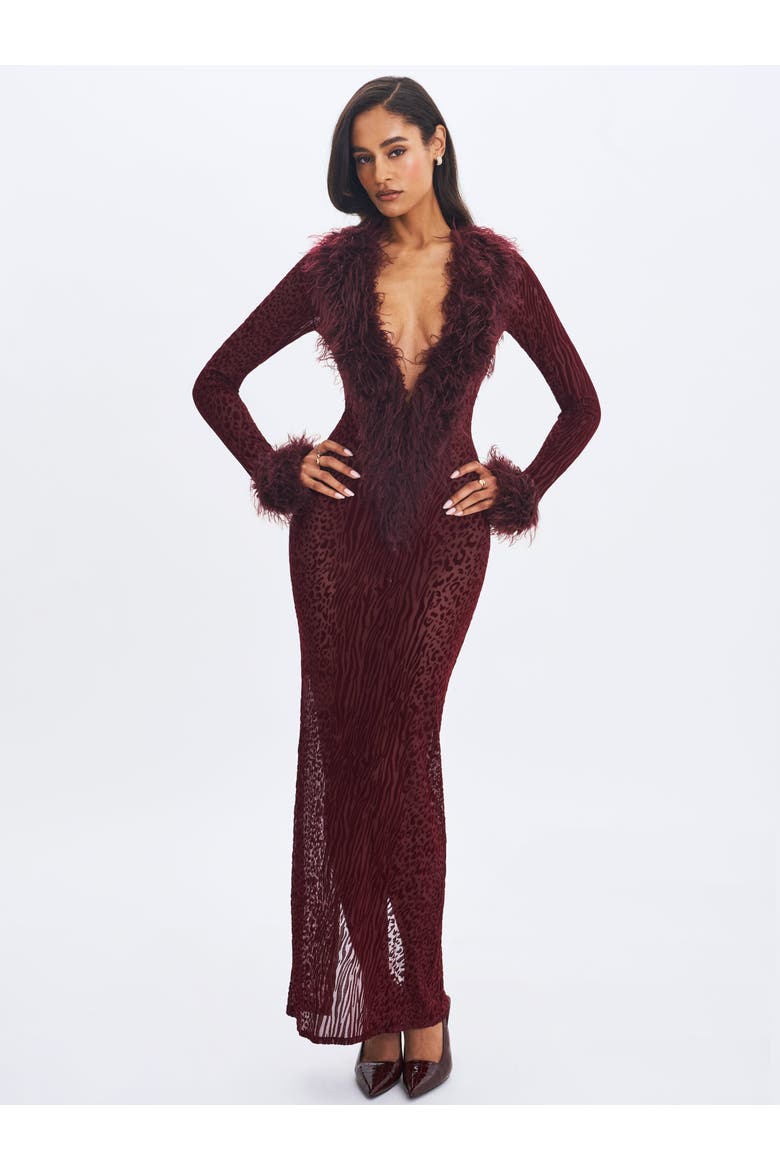 Luana Plunging Fur Trimmed Crochet Maxi Dress, Main, color, Burgundy